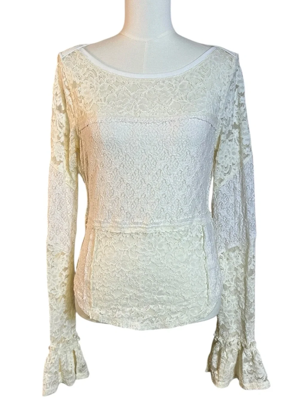 Free People Ethereal Edwardian Sheer Lace Flared Long Sleeve Top Ivory Large NWT